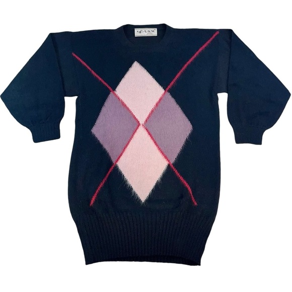 L.A.M. 100% Alpaca Womans Argyle Sweater Sz SM Black Pink Soft Made In Bolivia - Picture 1 of 9